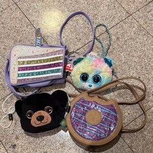 Bundle of 4 girls purses: birthday cake, Ty Multicolor bear, black bear & donut.